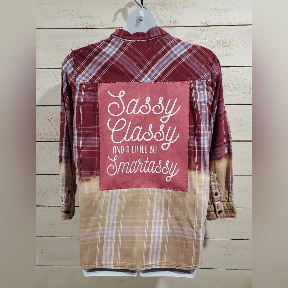 Upcycled / Recycled Flannel Plaid Shirt With Graphic T-shirt Patch
